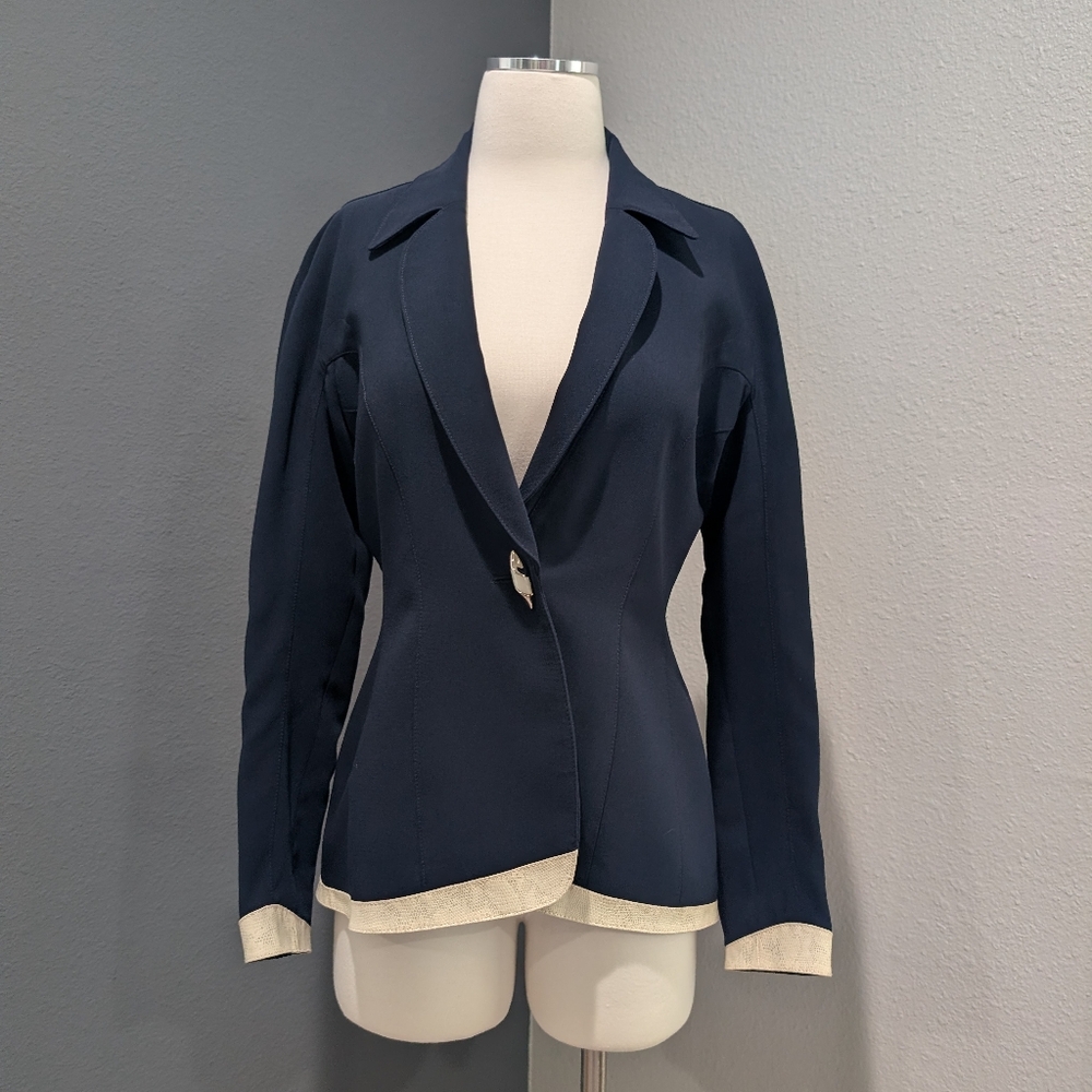 Caché Dark Blue Blazer with Faux Snake Trim Size 8